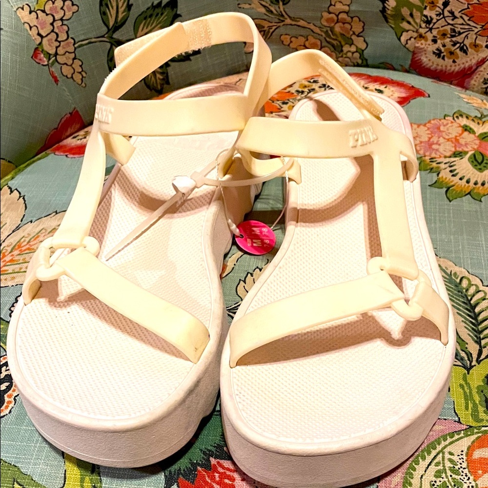 PINK Victoria's Secret Cream Platform Sandals, Size 7-8